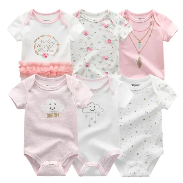 Newborn Baby Girl Clothes 6Pieces Bodysuits Solid Color Cotton Baby Boy Clothes Set Cartoon Short Sleeve Bebes