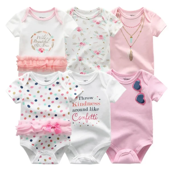 Newborn Baby Girl Clothes 6Pieces Bodysuits Solid Color Cotton Baby Boy Clothes Set Cartoon Short Sleeve Bebes