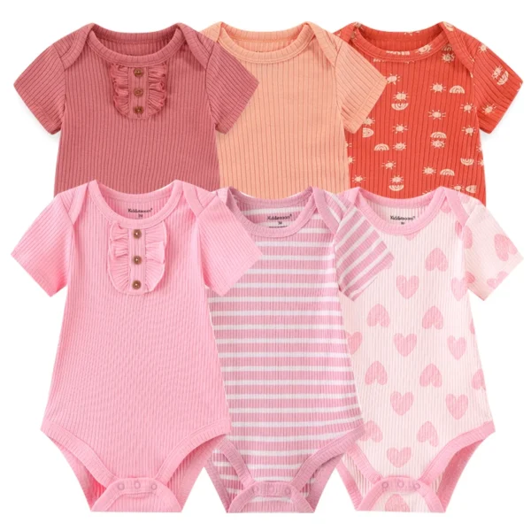 Newborn Baby Girl Clothes 6Pieces Bodysuits Solid Color Cotton Baby Boy Clothes Set Cartoon Short Sleeve Bebes
