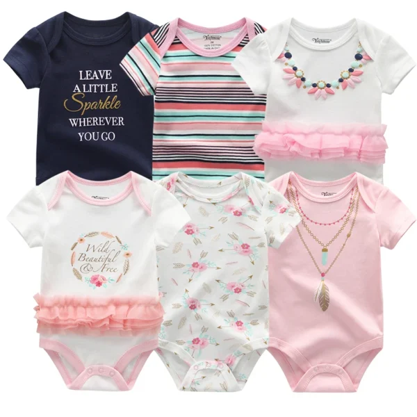 Newborn Baby Girl Clothes 6Pieces Bodysuits Solid Color Cotton Baby Boy Clothes Set Cartoon Short Sleeve Bebes