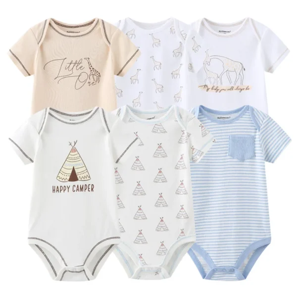 Newborn Baby Girl Clothes 6Pieces Bodysuits Solid Color Cotton Baby Boy Clothes Set Cartoon Short Sleeve Bebes