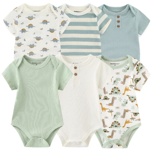 Newborn Baby Girl Clothes 6Pieces Bodysuits Solid Color Cotton Baby Boy Clothes Set Cartoon Short Sleeve Bebes