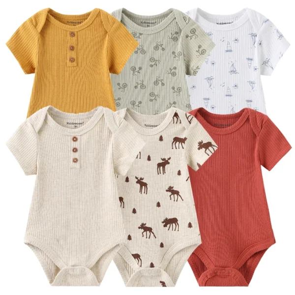 Newborn Baby Girl Clothes 6Pieces Bodysuits Solid Color Cotton Baby Boy Clothes Set Cartoon Short Sleeve Bebes