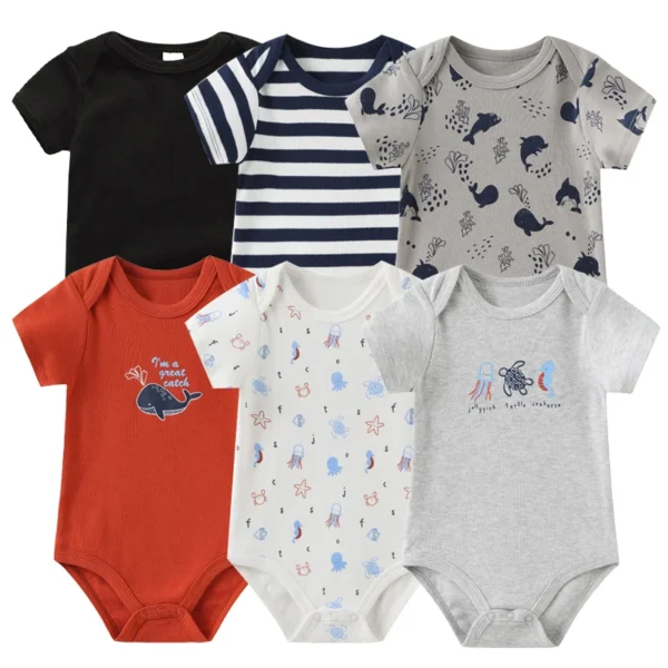 Newborn Baby Girl Clothes 6Pieces Bodysuits Solid Color Cotton Baby Boy Clothes Set Cartoon Short Sleeve Bebes