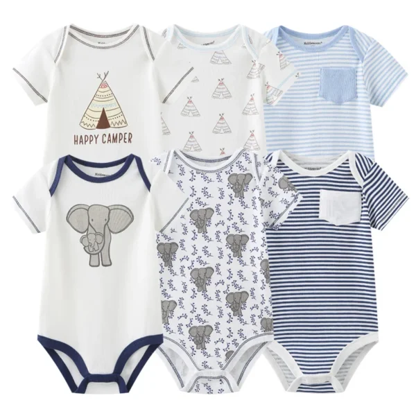 Newborn Baby Girl Clothes 6Pieces Bodysuits Solid Color Cotton Baby Boy Clothes Set Cartoon Short Sleeve Bebes